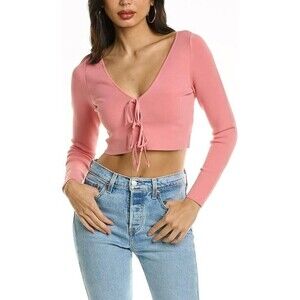 ALICE + OLIVIA Sharee Top Size Small Pink Tie Knit Crop V Neck Long Sleeve Y2K
